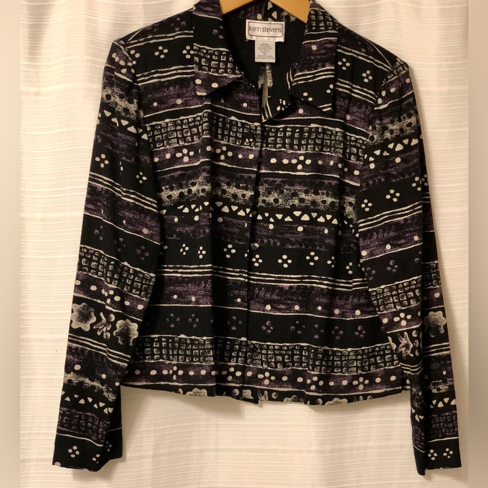 Vintage 80's KARIN STEVENS 14 Purple Art Deco Split Open Back Blouse